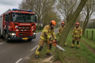 Vrijwillige brandweer verwijdert scheve boom op Kallenbroekerweg Barneveld