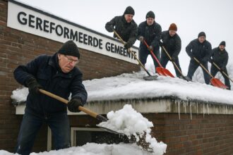 Vrijwilligers ruimen sneeuw Barneveldse kerkdak